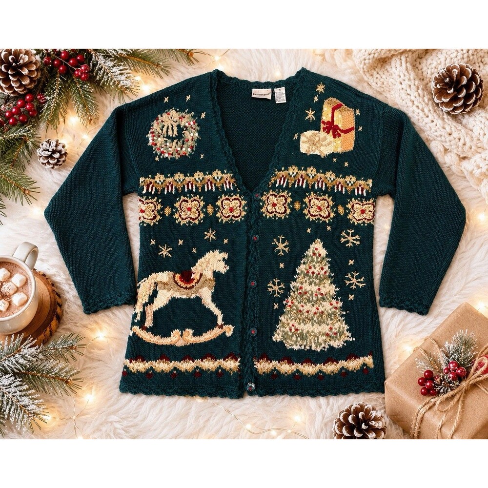 Womens Christmas Sweater Cardigan Gma Cottage Core Green Knit Holiday Size Large